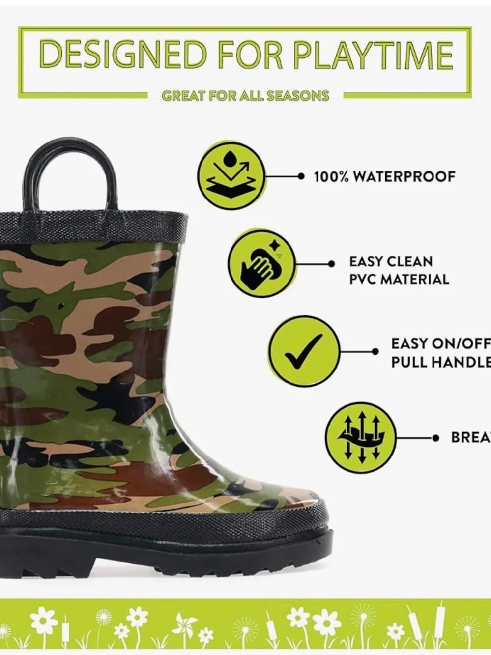 Western Chief Kids Camo Green Brown Waterproof Rain Boot